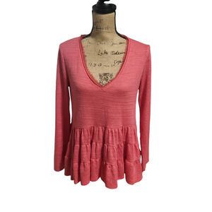 Deletta hot pink peplum top with v neck and long sleeves, size small